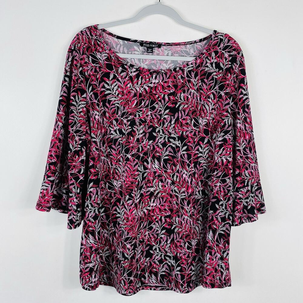 Roz & Ali Top 1X Printed Stretch 3/4 Sleeve Botanical Leaves Vines Black Pink
